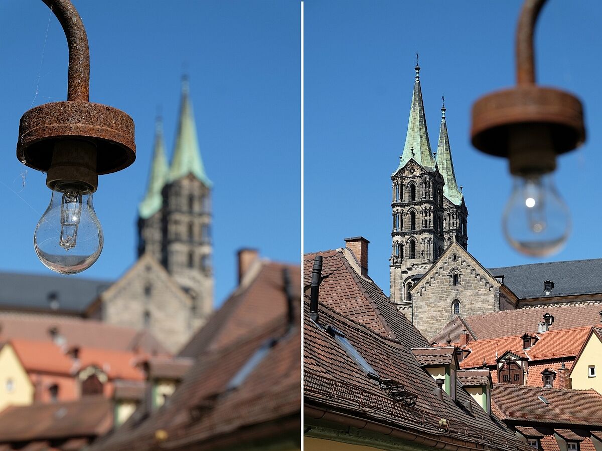 Bamberg · Blick(e) zum Dom mit Glühbirne im Vordergrund