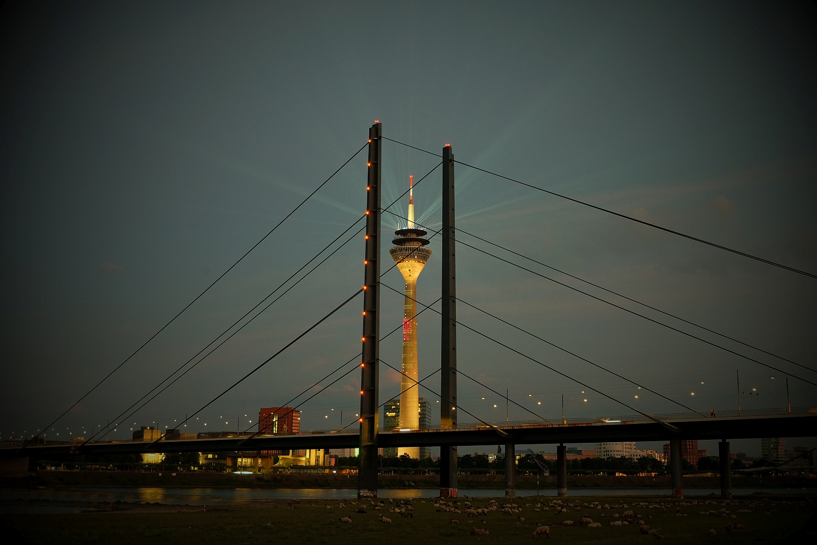 Rheinturm und Rheinkniebrücke am Abend des 19. Juni 2020